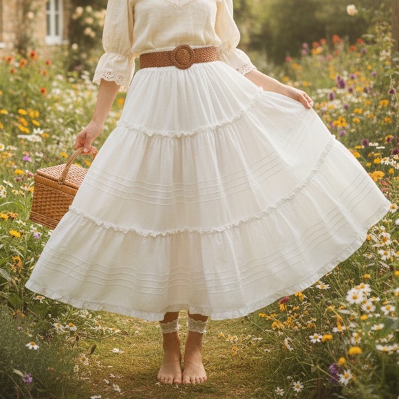 🇩🇪 Vintage 80s White Cottagecore Balletcore Maxi Skirt Coquette Tierer Ruffles - Picture 8 of 9